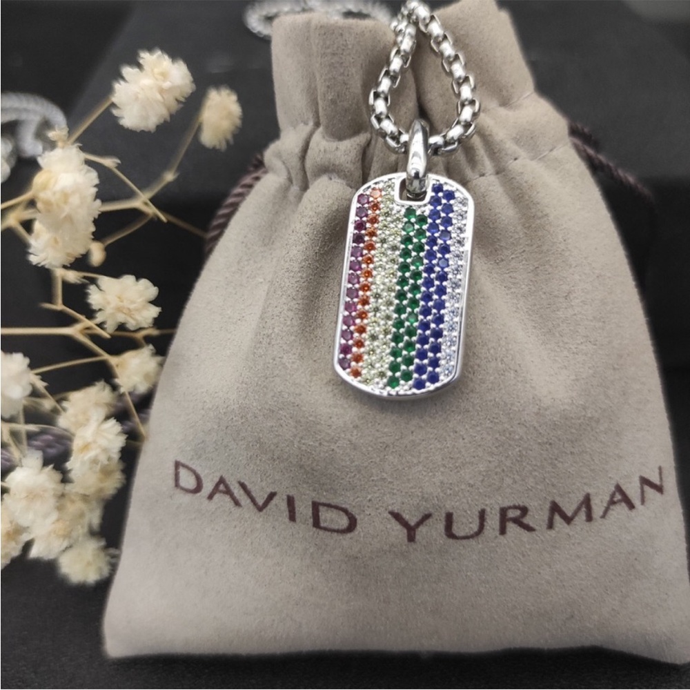 David Yurman Multi-Color Pavé Stripe Dog Tag Necklace